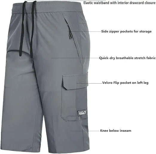 Wearo men’s grey cargo shorts with black drawstring waist, zip pockets and utility side pocket.