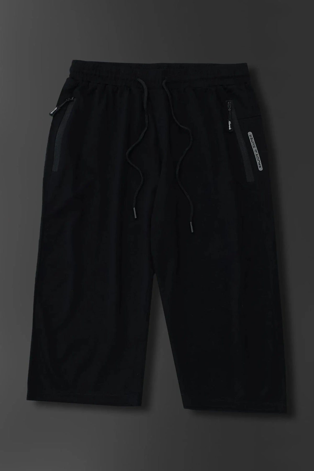 Men’s black shorts with drawstring, zipper pockets and elastic waistband detail