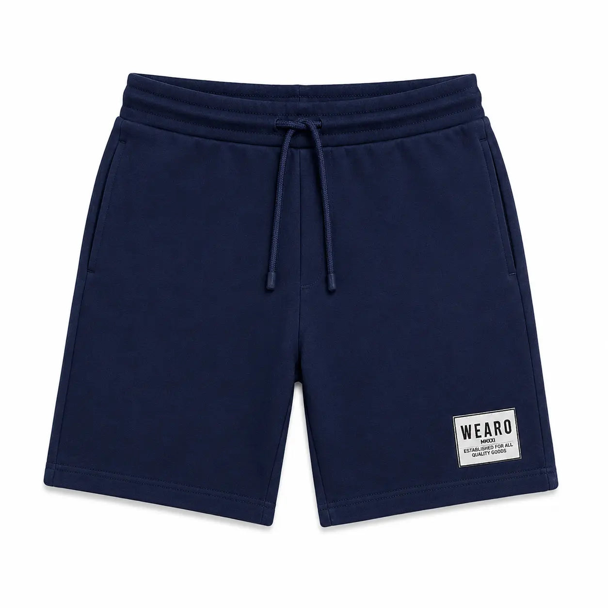 WEARO men's navy blue casual drawstring shorts with side pockets on white background
