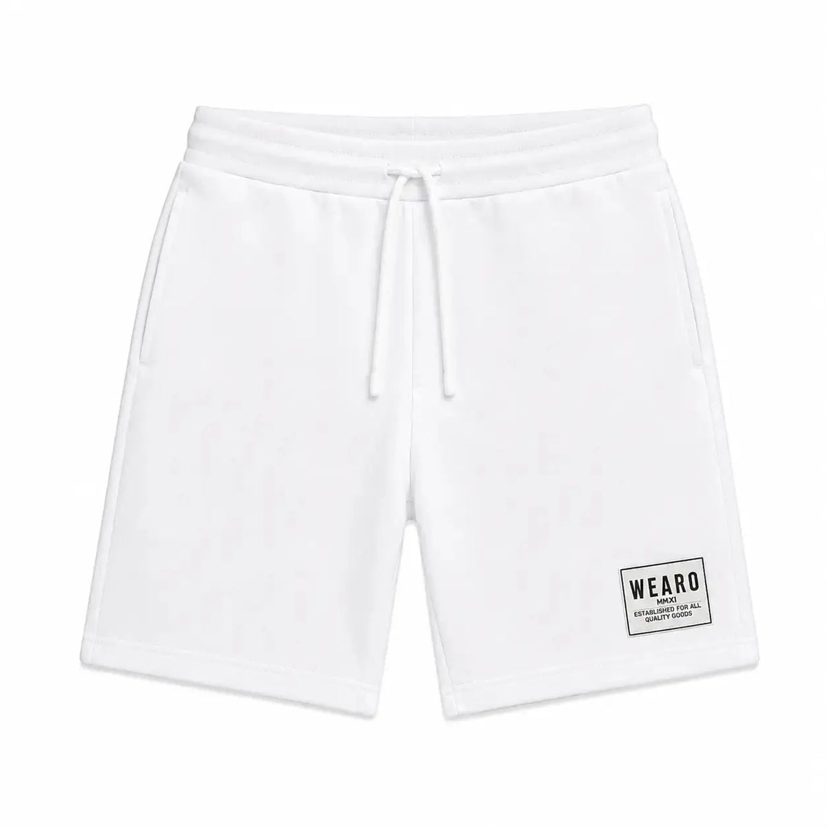 WEARO men's white casual drawstring shorts with branded patch on white background