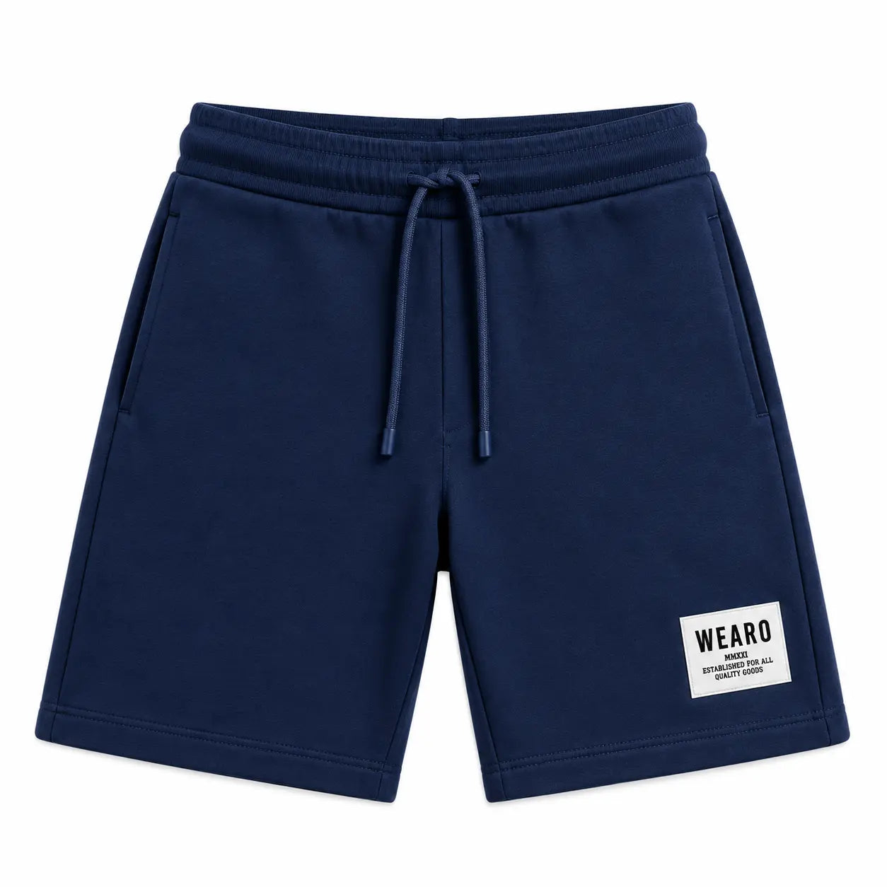 WEARO men's navy blue drawstring shorts with side pockets and branded patch on white background