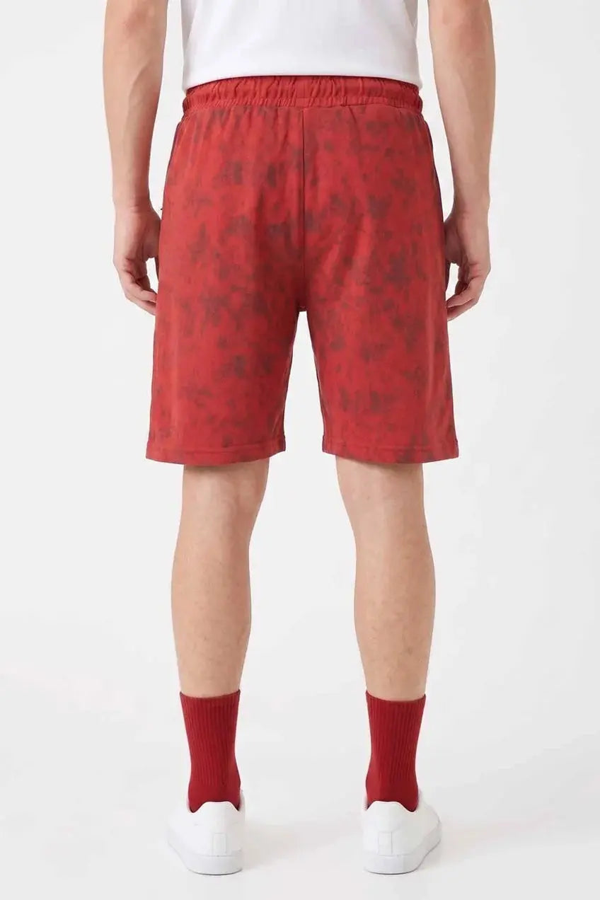 Rear view of men’s red printed casual shorts with elastic waistband Wearo